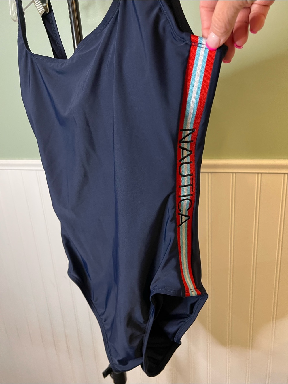 EUC- Nautica Navy One-Piece Swimsuit w/vertical Side Stripe Logo Size M